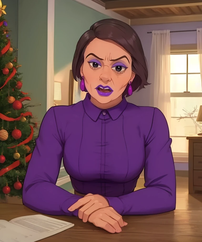 Mavilda,short hair,black eyes,purple lips,
small earrings,purple shirt,long sleeves,looking at viewer,serious,
cozy home,indoors,christmas,
(insanely detailed, beautiful detailed face, masterpiece, best quality) solo,<lora:MrsMavilda:0.7>,