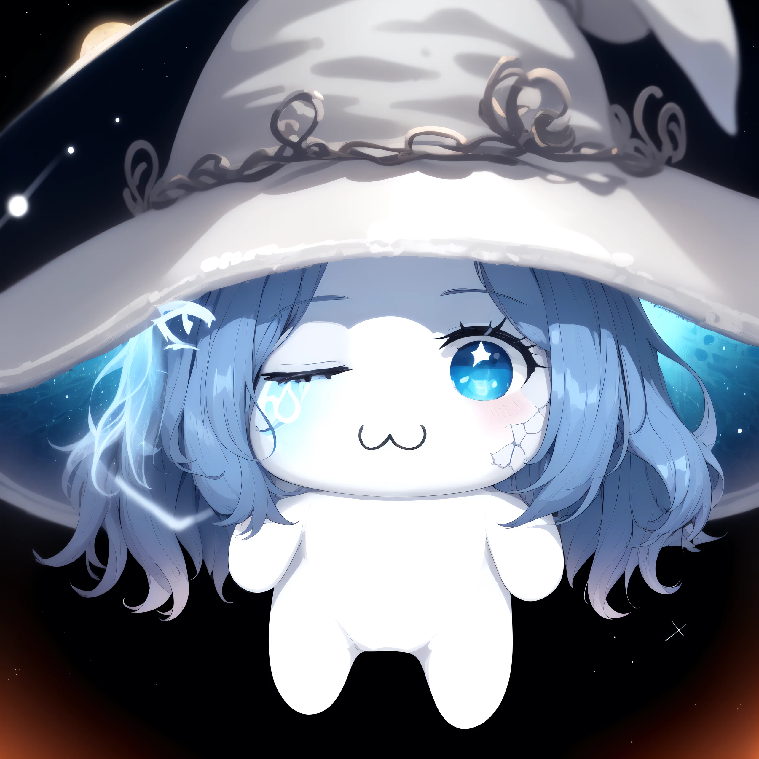 <lora:DoroX_V1:1> masterpiece, best quality, doro, creature, chibi, ;3 <lora:RanniV4LoRA:1.1> IncrsRanni, wavy hair, cracked skin, colored skin, blue skin, extra faces, hat, one eye closed, starry sky, celestial