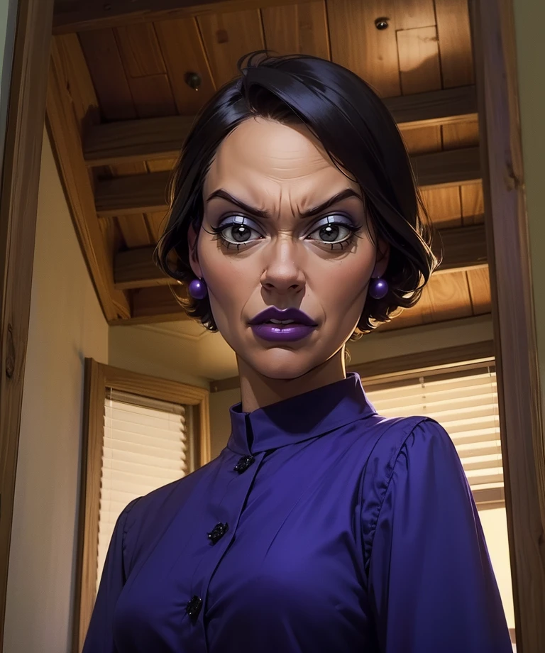 Mavilda,short hair,black eyes,purple lips,
earrings,purple shirt,long sleeves,looking at viewer,serious,
standing,from below,
cozy home,indoors,christmas,
(insanely detailed, beautiful detailed face, masterpiece, best quality) solo,<lora:MrsMavilda:0.6>,