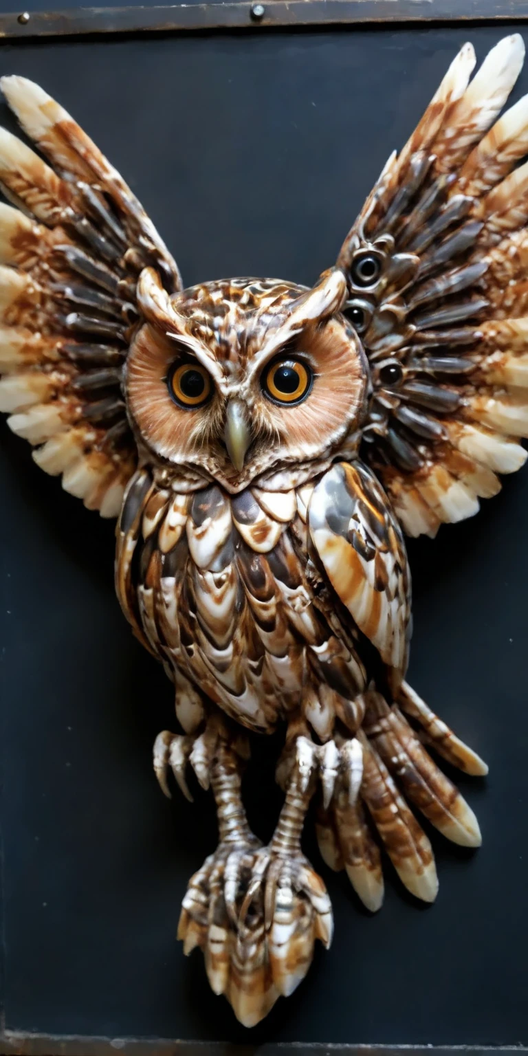 A (painting:1.4) of An industrial mechanical monster owl with spread wings. bearings and nuts holding the body and wings together. Incredibly intricate and highly detailed  copper feathers. made of patterned rk-shells