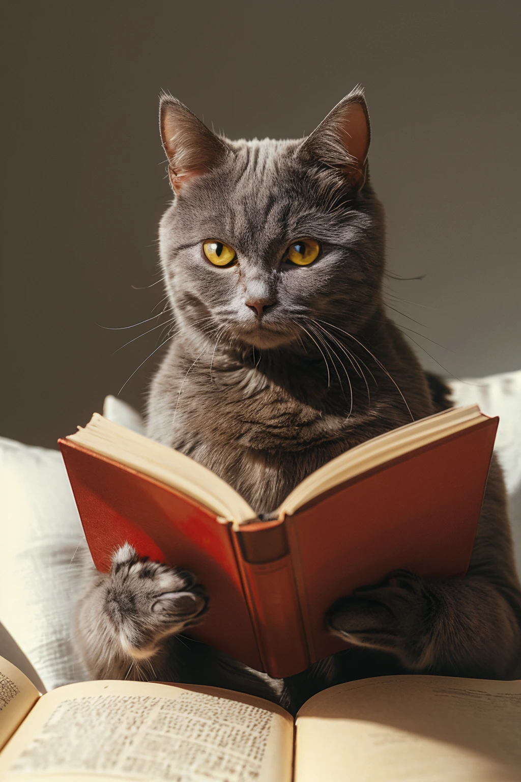 highres, 8k, absurdres, realistic, (Chartreux:1.3), (cat_human:1.3), reading book, scholar robe, cat, no humans, animal focus, realistic, holding, open book, holding book, reading, animal, solo, simple background, grey background
<lora:Chartreux_v3-000010:0.55>