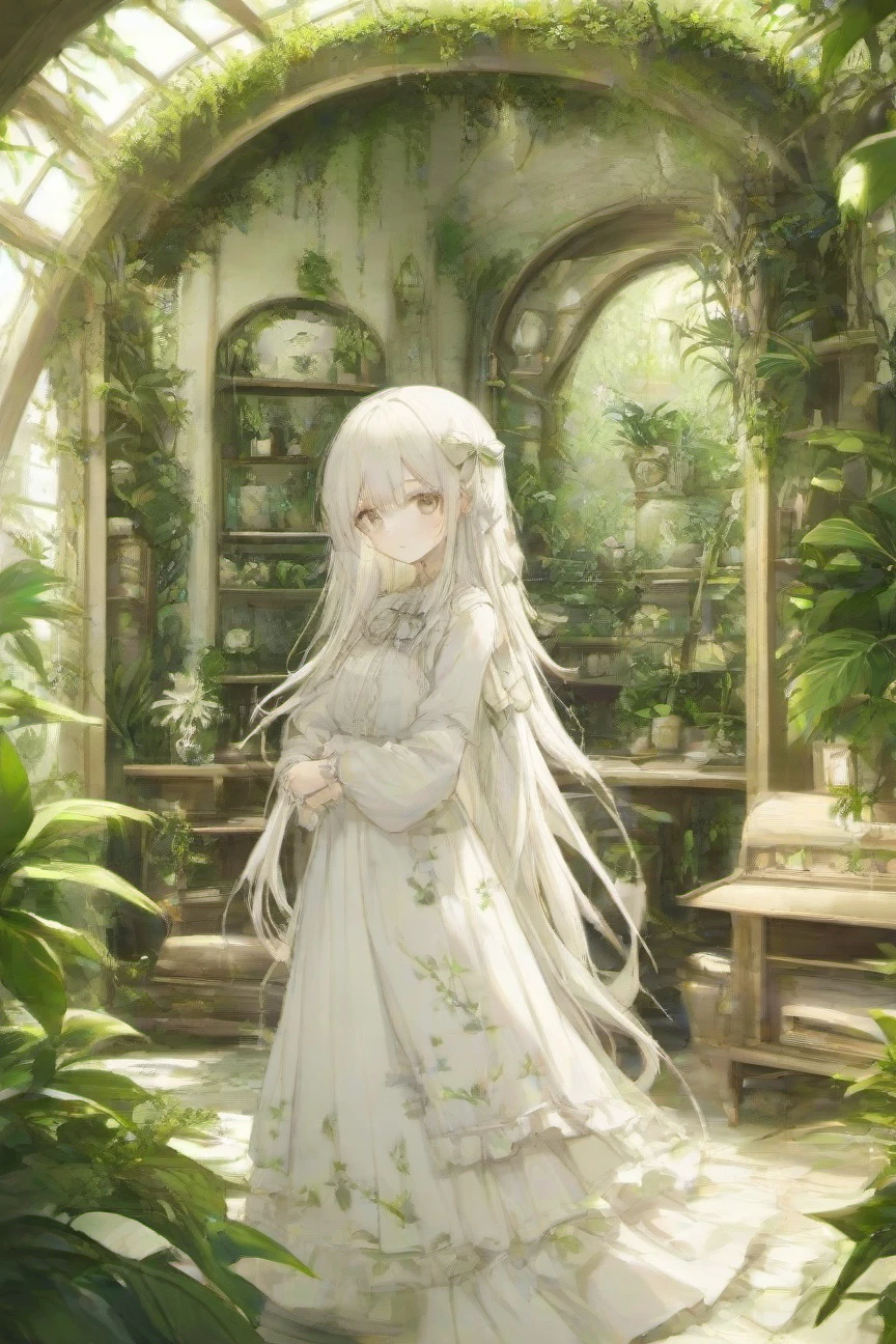 1girl,white hair, long hair, bow-shaped hair,cowboy shot,Botanical Oasis room,,