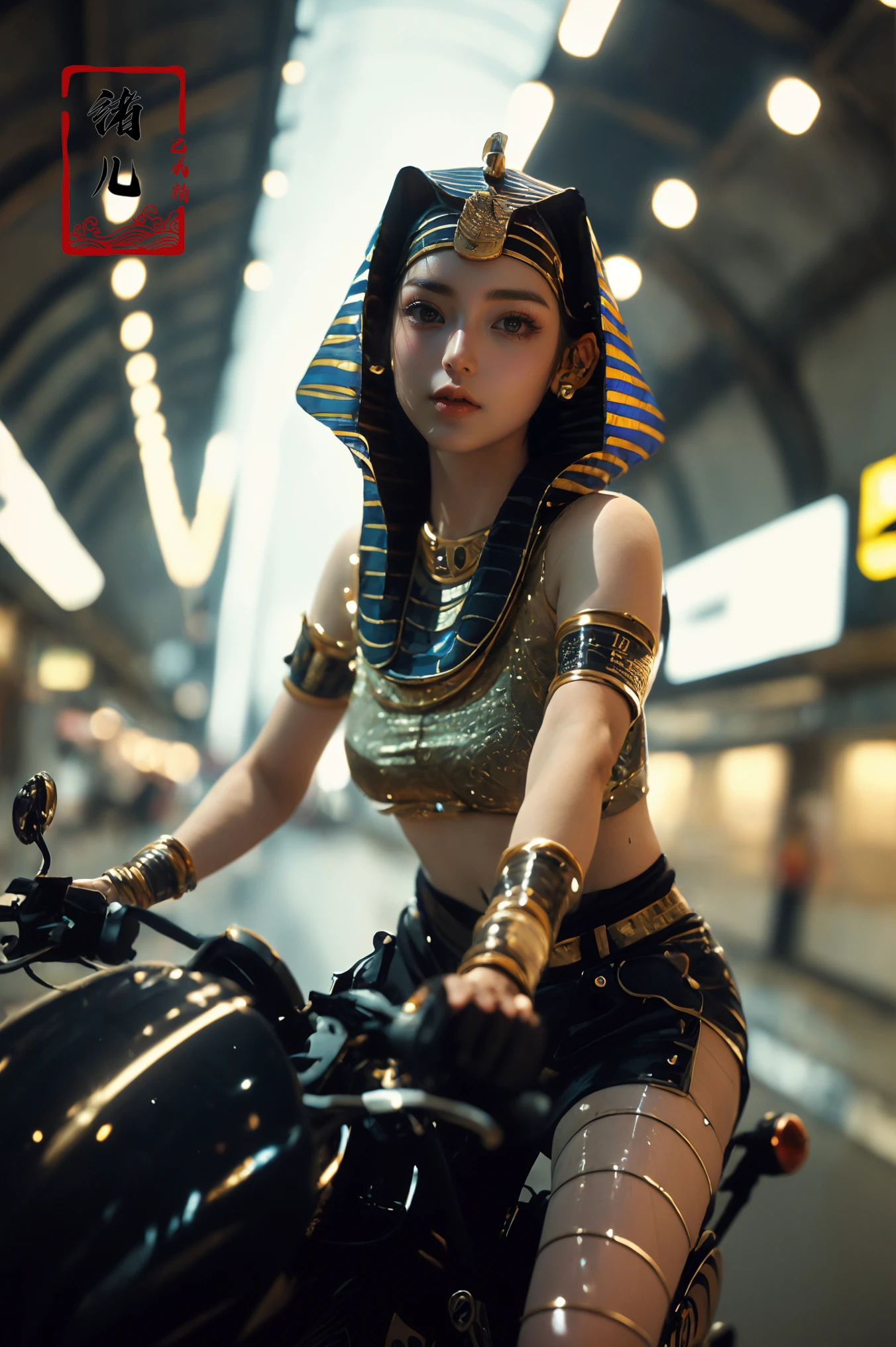((masterpiece)),(highres), original, (extremely detailed 8K wallpaper), (beautiful and clear background:1.4), (depth of field:0.5),award winning,(Surrealism:1.5), lens flare,shade, backlighting, depth of field, natural lighting, hard focus, film grain, photographed with a Sony a9 II Mirrorless Camera, by Laurence Demais, blurry background,
on motorcycle,xuer future motorcycle,
<lora:~Q?-dibXf xuer future motorcycle:0.8> (hair over one eye:1.1),(city,cityscape:1.2),(egyptian_clothes:1.5),