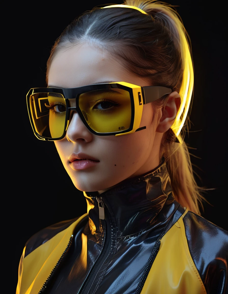 1girl, black background, parted lips, long hair, realistic, ponytail, upper body, black hair, digital media \(artwork\), portrait, nose, simple background, yellow jacket, futuristic glasses, brown eyes, focus, highly detailed, cinematic, dramatic ambient light, sharp, detail, fine, advanced, color, expansive, complex, rich, artistic
<lora:FuturisticGlassesXL:.6>, , <lora:FILM_PHOTOGRAPHY_STYLE:0.25>