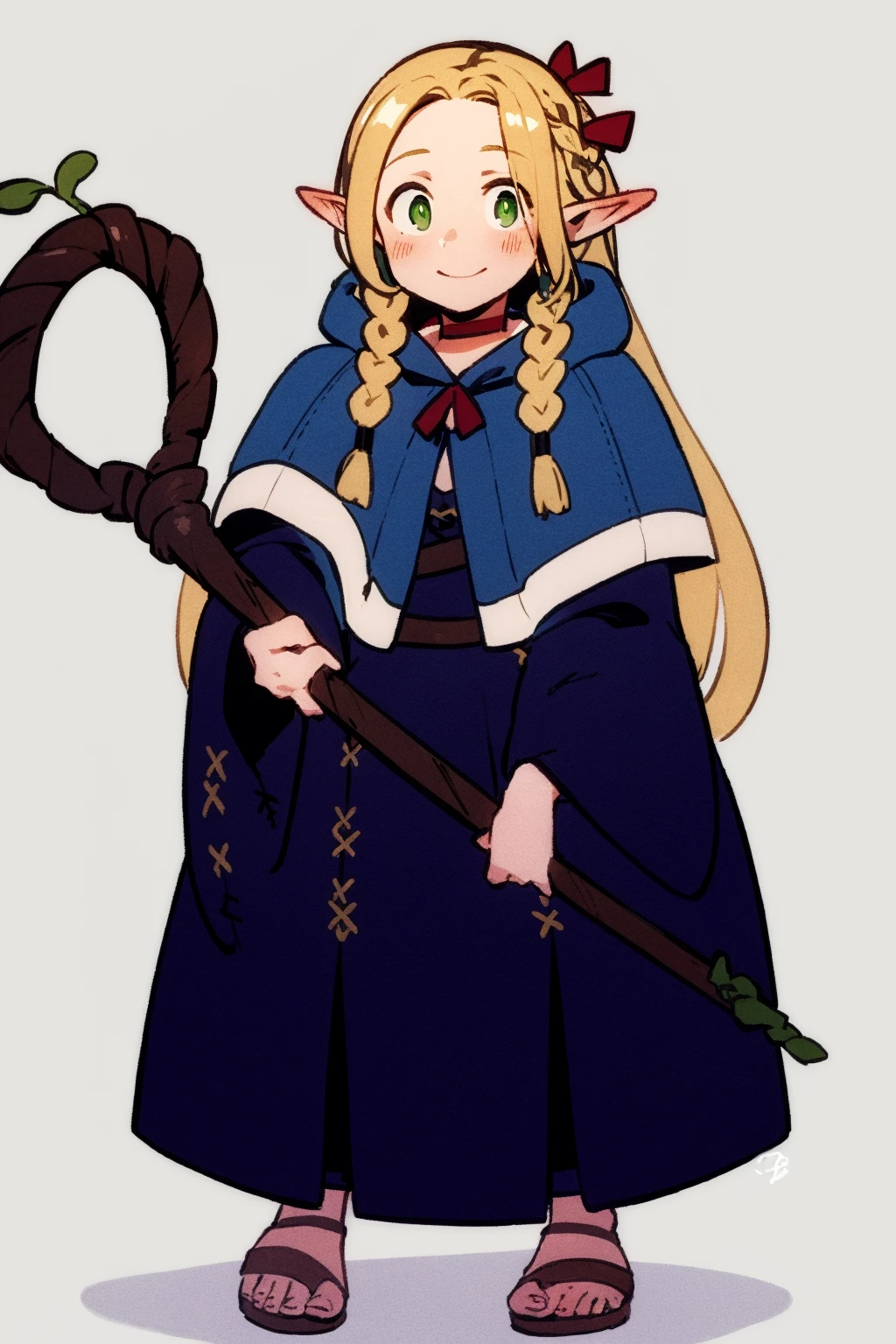 masterpiece, best quality,  <lora:marcille:1>,1girl, pointy ears, blonde hair, elf, solo, long hair, braid, staff, sandals, green eyes, twin braids, smile, robe, hood, white background, full body, dress, capelet, ribbon, simple background, looking at viewer, very long hair, red ribbon, hood down