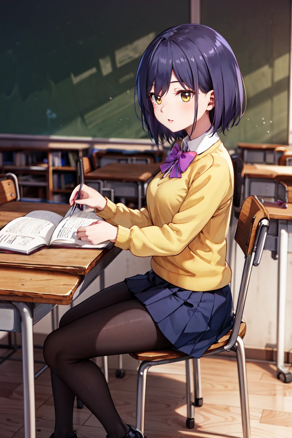 masterpiece,best quality,highres,ultra-detailed,aarin,(mole under eye:0.8),short hair,bangs,large breasts,school uniform,purple bowtie,yellow sweater,shirt,collared shirt,long sleeves,skirt,blue skirt,pantyhose,(black pantyhose:1.2),loafers,black footwear,<lora:shizuka_rin:0.8>,indoors,sitting,desk,chair,classroom,(studying:1.4),from_side,