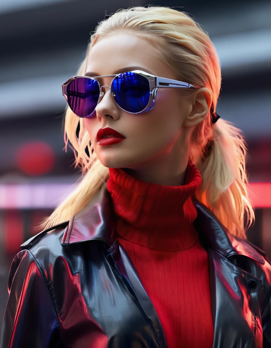 1girl, red lips, makeup, long hair, realistic, blonde hair, ponytail, sunglasses, lipstick, digital media \(artwork\), blurry background, nose, jacket, closed mouth, turtleneck, futuristic glasses, pretty, attractive, slick, strong, cinematic, stunning, highly detailed, real, polished, very smart, aesthetic, inspired, handsome
<lora:FuturisticGlassesXL:.6>, , <lora:FILM_PHOTOGRAPHY_STYLE:0.25>