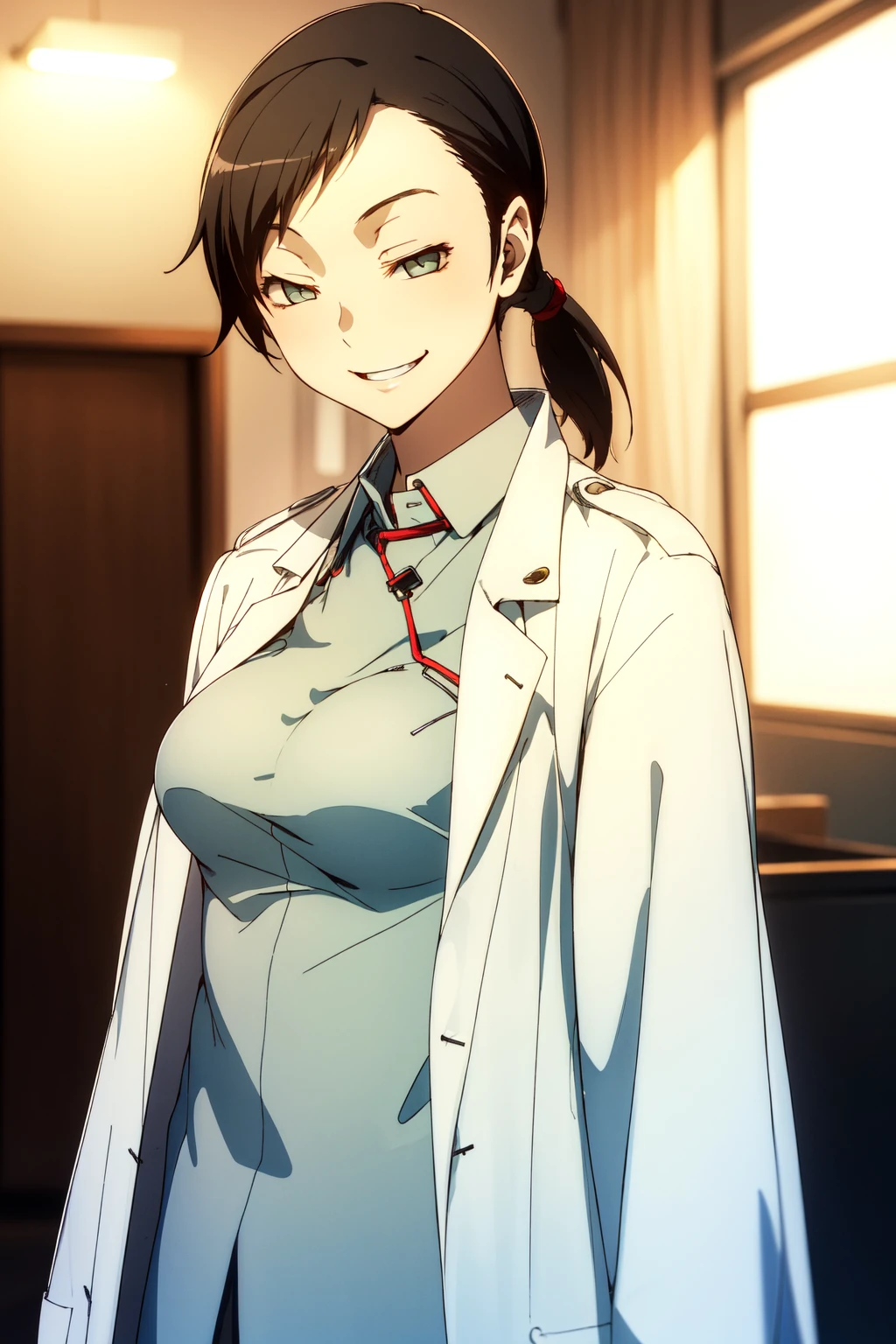 (RAW photo, best quality), 1girl, natural lighting, solo, modern hospital, smile,
<lora:smt_devil_survivors_2_fumi_kanno_v1_2:1>, fumi kanno, labcoat, shirt,