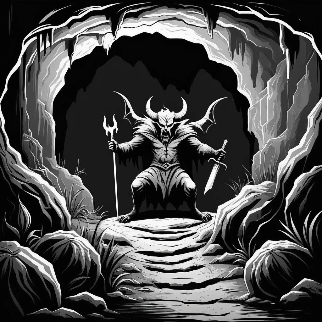 Dark Fantasy Art of <lora:Dark Art Painting Style:1>
a black and white drawing of a devil in a cave in hell dark art painting style, dark, moody, dark fantasy style