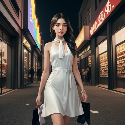 She was wearing a gorgeous and sexy dress with a silk scarf around her neck.A small bag in hand.Just came out of the gate of the shopping center.Face the audience.8K HD.Photographic lamp light.The best lighting effects.,<lora:é»ççç¨¿:0.6>,, masterpiece,best quality,CG 8k wallpaper,illustration,absurdres, city lights,