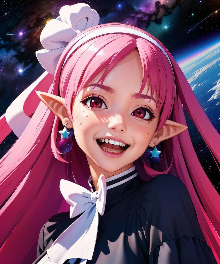 Witch.long pink hair,pointy ears,red eyes,
smiling,standing,upper body,laughing, open mouth,
black dress,white hairband,hair ribbon,long sleeves,earrings,
outer space,fun park,stars,
(insanely detailed, beautiful detailed face, masterpiece, best quality),<lora:Witch-11Dv9:0.8>,