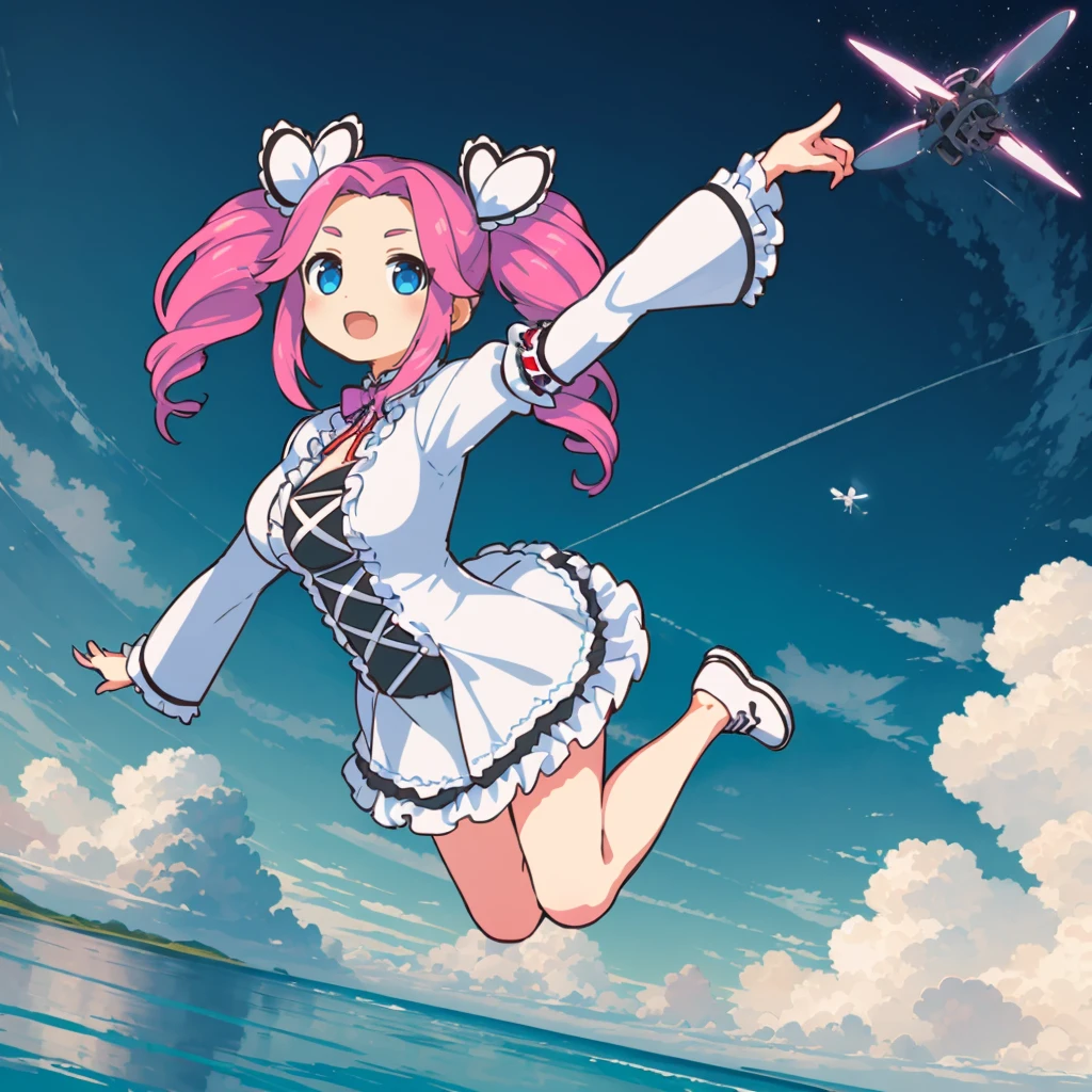 <lora:ShikokuMetan008:0.7>,solo,
ShikokuMetan,1girl,twin drill hair,
white dress,wide_sleeves,
(flying:1.4),