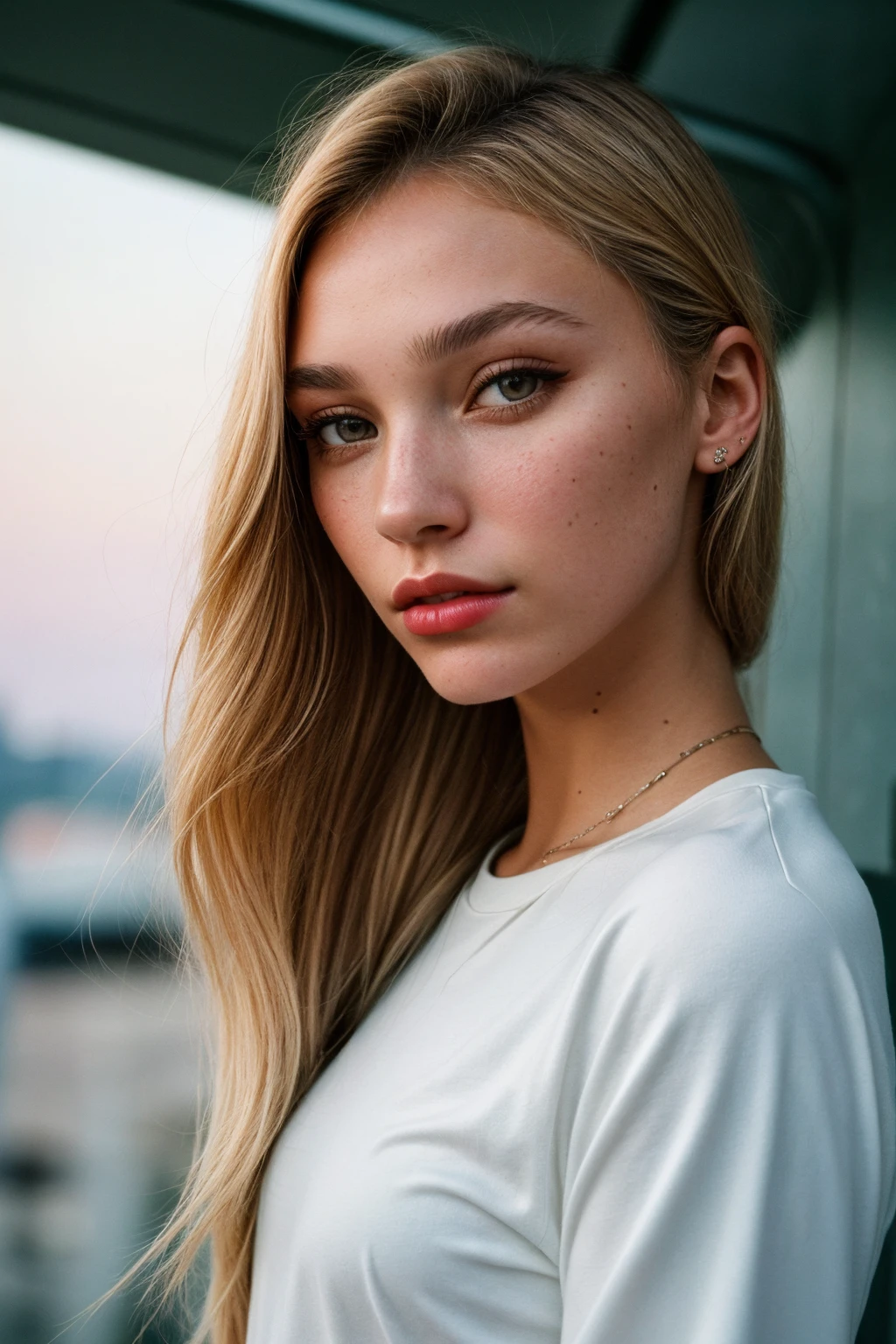 photo of (EP0l1v14C0l4ng3l0:0.99), closeup portrait, perfect hair, blonde, [bangs|ponytail] (modern photo, [Long-sleeve workout top and bike shorts|Bell sleeve knit wrap blouse|Blazer, skinny jeans, pumps]), 24mm, (analog, cinematic, film grain:1.3), (([galactic united nations headquarters, plaster,limestone, northern lights,bioluminescent jellyfish, downlighting| lake], gradient:1.1)), ((detailed eyes)), (([dark|heavy|subtle]eyeliner, long lashes)), (epicPhoto), long eyelashes, (perfect waist), ([red|pink|glossy] lips)