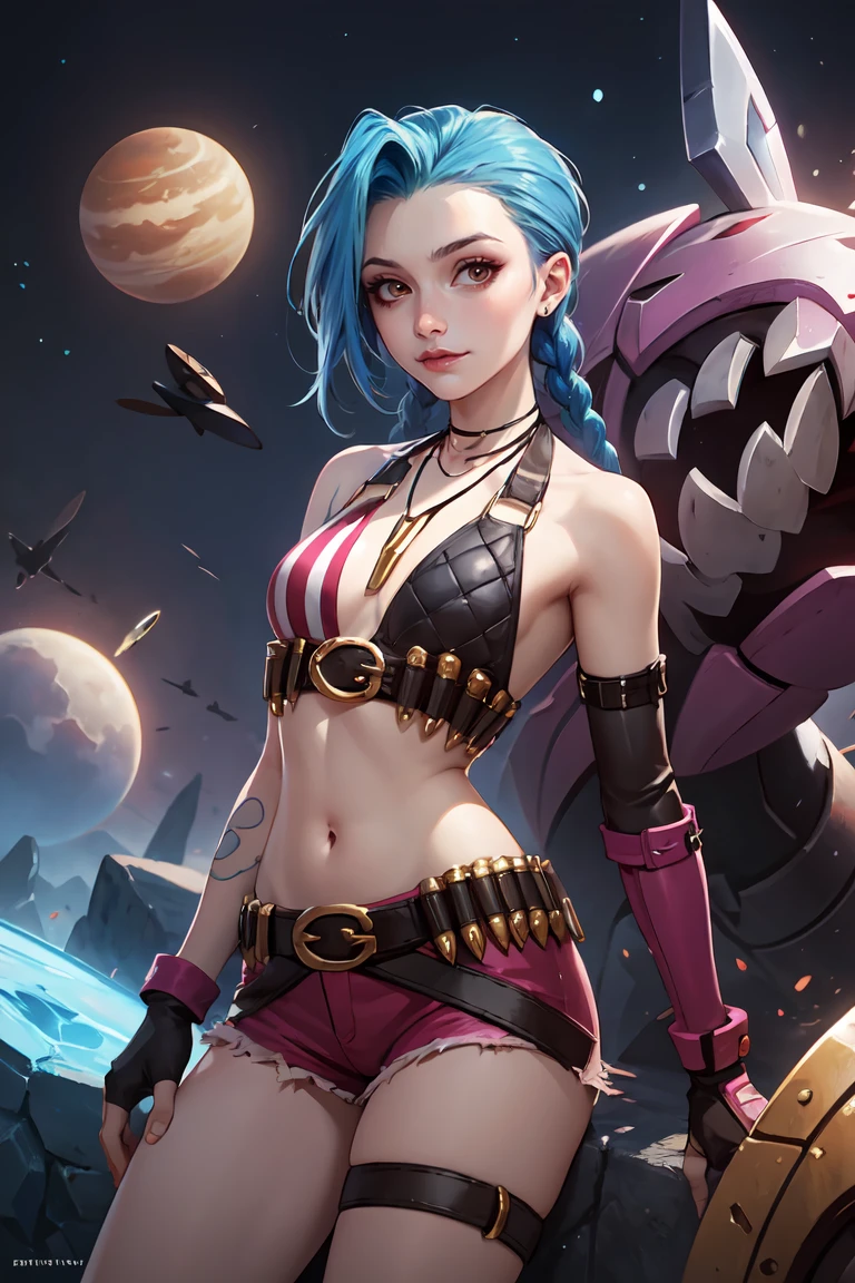 (masterpiece, best quality:1.2),intricate details,<lora:jinx_default_lol:0.8>,jinx \(league of legends\),1girl,twin braids,single elbow glove,short shorts,bikini top only,necklace,belt,bullet,fingerless gloves,<lora:Animated characters:0.4>,barren planets,<lora:GoodHands-beta2:1>