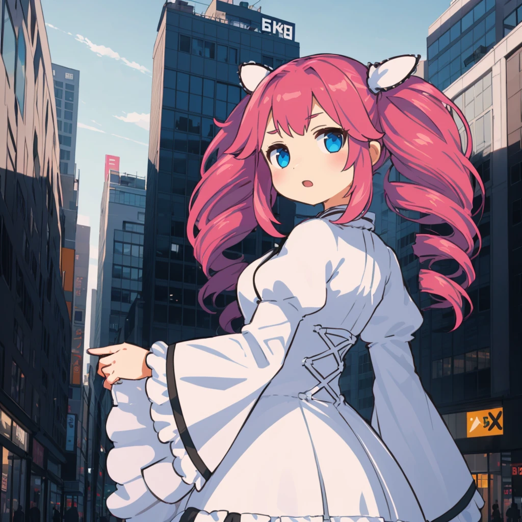 <lora:ShikokuMetan008:0.7>,solo,
ShikokuMetan,1girl,twin drill hair,
white dress,wide_sleeves,
looking back,