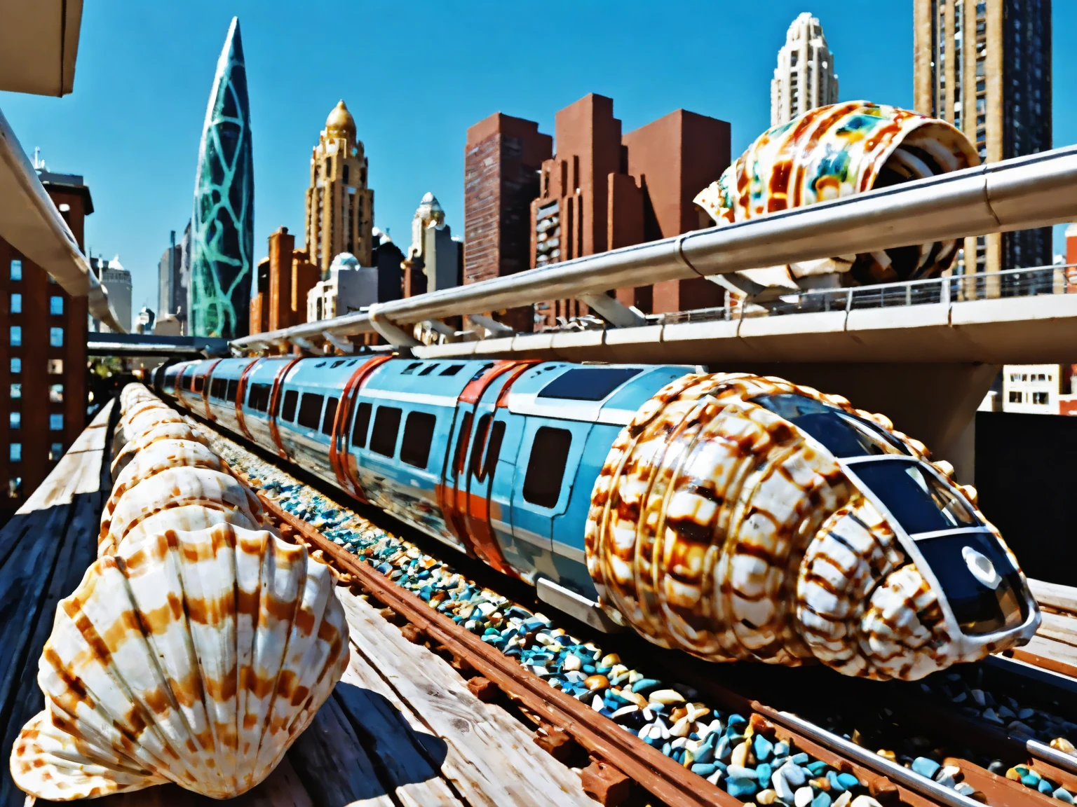 A (photograph:1.4) of A photorealistic image of the skyline of a Sci-Fi Solarpunk city. The wood and glass rooftops hold shimmering solar panels. A futuristic mag-rail train runs past. I the style of the motion picture Star Trek at noon. made of a bunch of colorful and patterned rk-shells