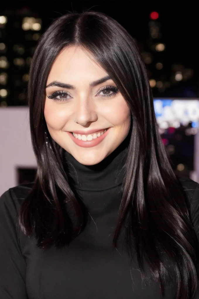 Photo of beautiful nyv13st3ph4n woman smiling, detailed face, black turtleneck blouse, makeup, in an event at night