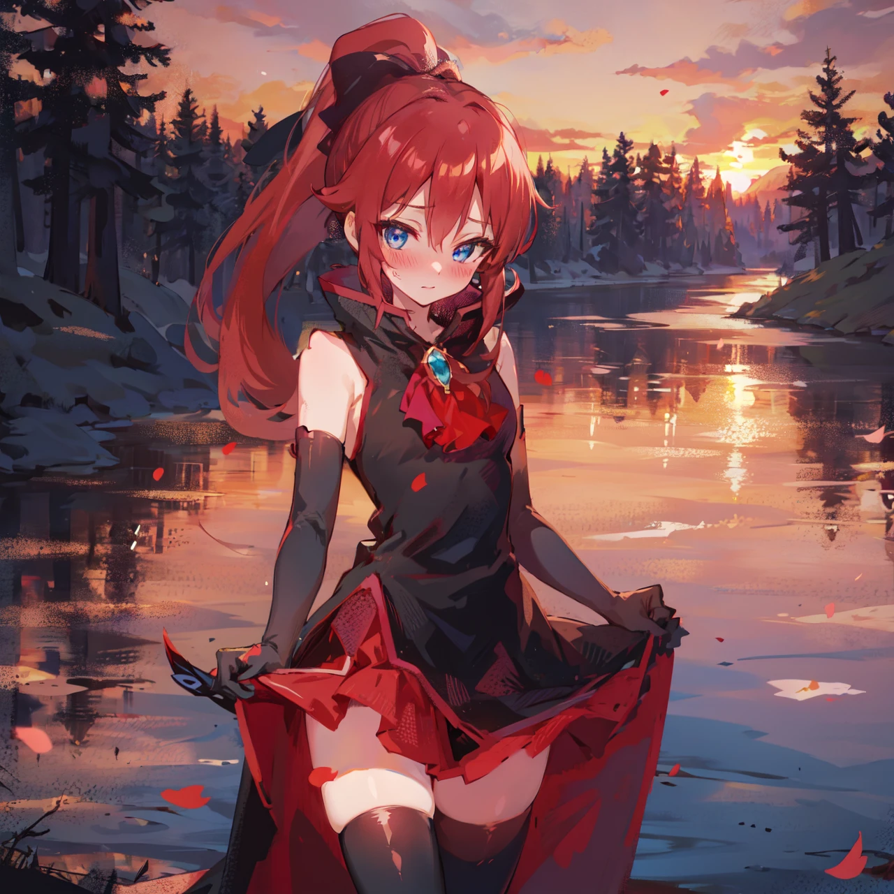 <lora:Unlovely_-_Happiness_Charge_Precure_v2.1-epoch16:1>, uunlovely, (red high ponytail, blue eyes), clothing collar, long black dress, black side hairbow, black elbow gloves, red brooch ribbon, tminiskirt, black thighhighs, standing, lifting dress, looking at viewer, (blushing), sunset lake background, winter, trees surrounding the lake,