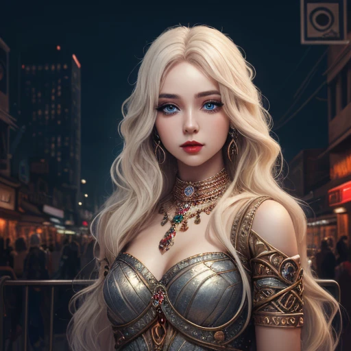 fantasy beauty: a mysterious and charming girl,have long hair,light -colored eye shadow and gorgeous jewelry,<lora:é»ççç¨¿:1>,, masterpiece,best quality,CG 8k wallpaper,illustration,absurdres, city lights,