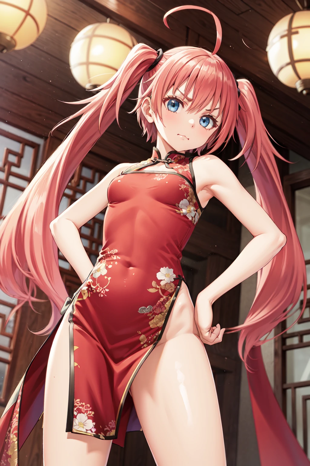masterpiece,best quality,highres,ultra-detailed,aamilim,long hair,twintails,ahoge,small breasts,<lora:milim_nava:0.9>,bare shoulders,china dress,chinese clothes,short dress,cleavage cutout,sideboob,thighs,hands_on_hips,(furrowed_brow:1.2),indoors,front view,from_below,