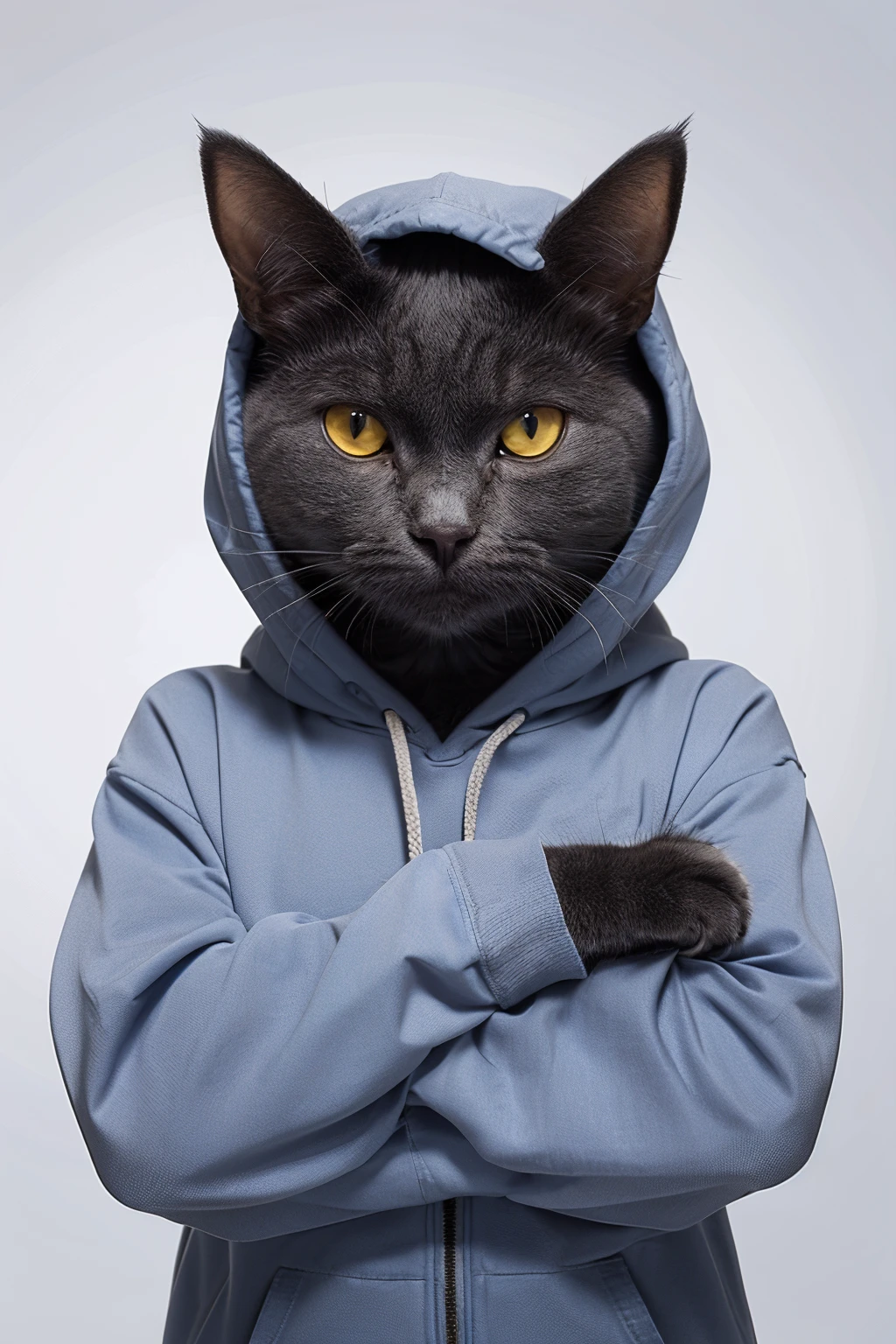 highres, 8k, absurdres, realistic, (Chartreux:1.3), (cat_human:1.3), cat, animal, animal focus, looking at viewer, no humans, upper body, solo, long sleeves, own hands together, simple background, realistic, hoodie,
<lora:Chartreux_v3-000010:0.55>