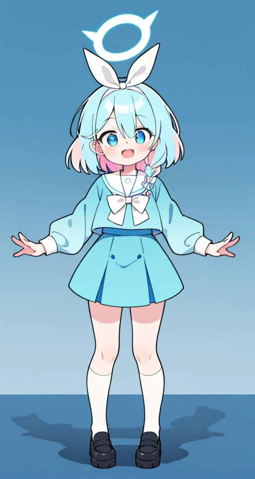 <lora:uma-0000010:0.15>,full body,standing,
<lora:Arona_Blue_Archive_LoraV1:1>,1girl,solo,smile,short hair,open mouth,bangs,blue eyes,skirt,bow,ribbon,school uniform,blue hair,pink hair,braid,multicolored hair,arona (blue archive),blue halo,