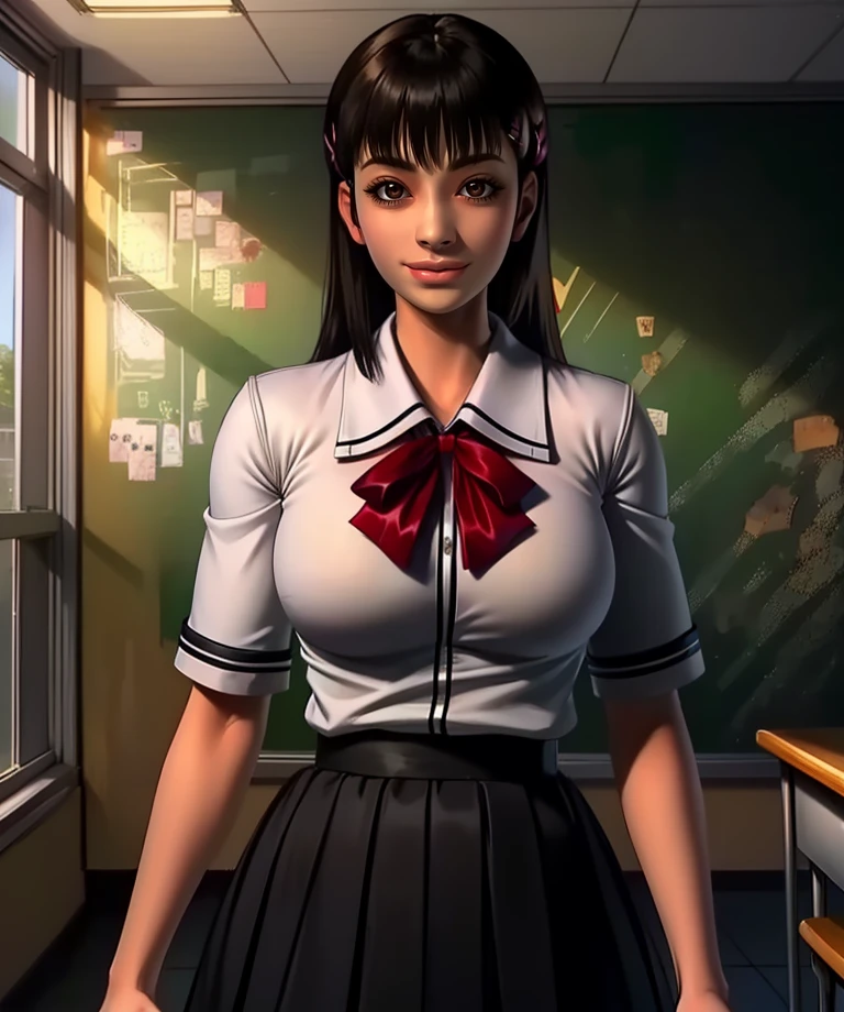 Kayo,black hair,brown eyes,long hair,blunt bangs,
school uniform,red ribbon,white shirt,skirt,hairclip,
standing,upper body, smile, 
classroom hallway,dim lighting,
(insanely detailed, beautiful detailed face, masterpiece, best quality),solo,<lora:KayoShinozaki-11UMev8:0.8>,