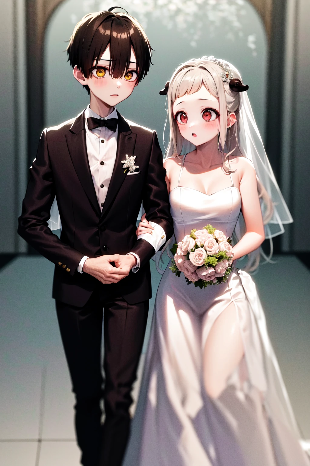 masterpiece, best quality, highres, 1girl nene red eyes, white dress wedding dress, 1boy hanako yellow eyes, suit formal <lora:hanako_nene_1:1>