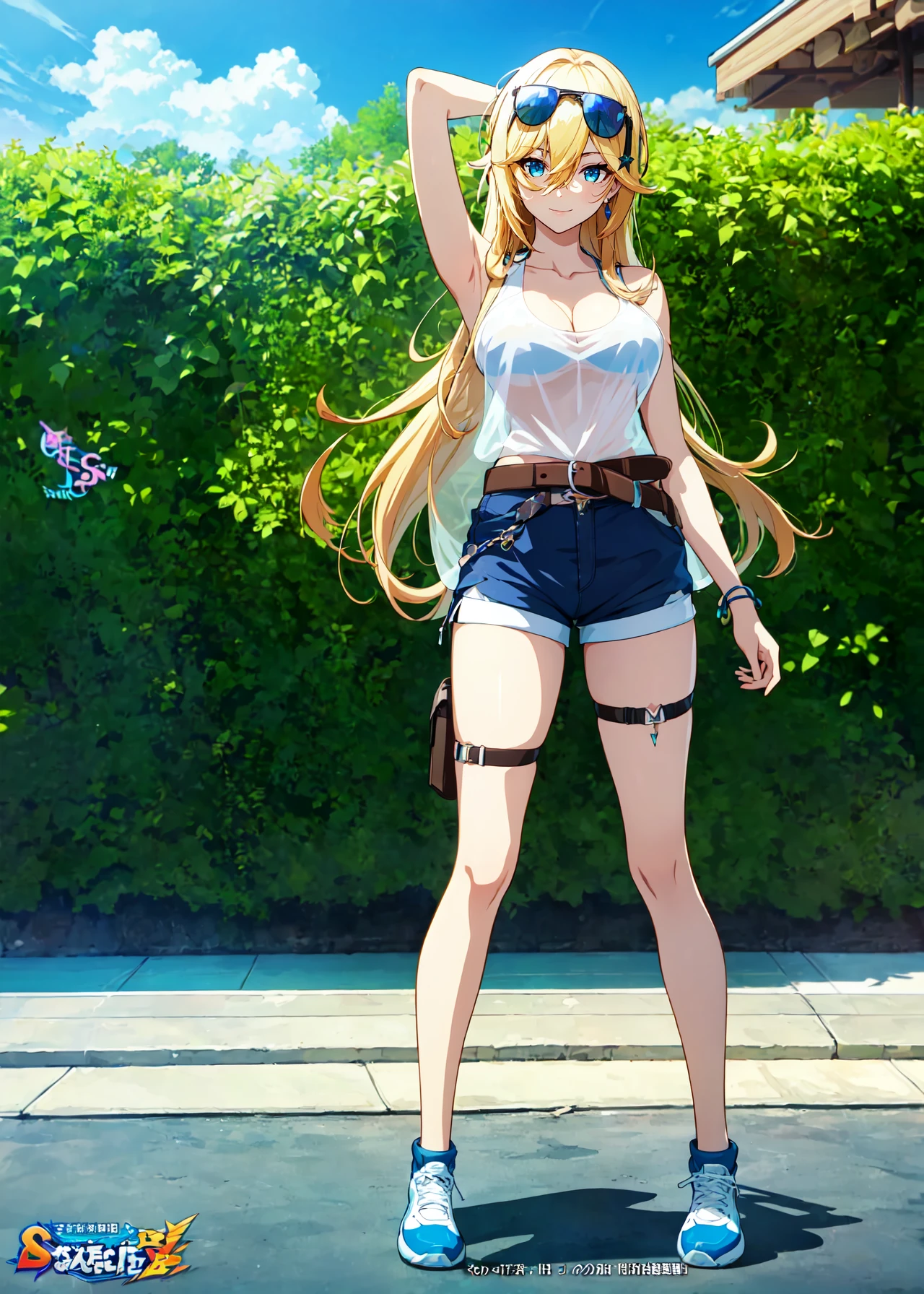 absurdres, highres, (official art, beautiful and aesthetic:1.2), ultra detail, beautiful person, bangs, blue eyes, blonde hair, long hair, very long hair, smile, hair between eyes, streaked hair,
shirt, cleavage,jewelry, shorts, sleeveless, belt, see-through, short shorts, thigh strap, blue shirt, white shorts, barcode, barcode tattoo, blue tank top, swimsuit,
bare shoulders, swimsuit, bikini, sunglasses, eyewear on head, white shorts,
wind effect, bianka durandal ataegina,
<lora:durandal_agenate:0.7>