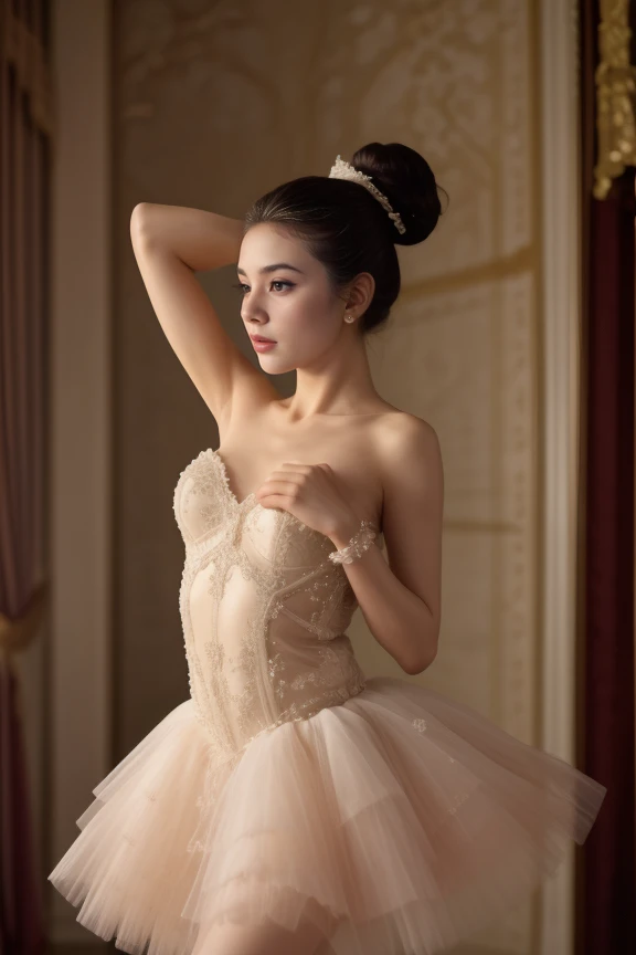 9. A young ballet dancer (ethnicity: Middle-Eastern, age: early 20s) in a grand, classical theatre (setting: opulent, historic). She's dressed in an exquisite, hand-sewn tutu (fabric: delicate tulle) with intricate beadwork. Her hair is styled in an elegant bun, adorned with white flowers, and her makeup is refined and graceful. She's performing a captivating pirouette (pose: graceful, poised), with the spotlight highlighting her, against a backdrop of velvet curtains and a mesmerized audience. <lora:Instaface-10:1>