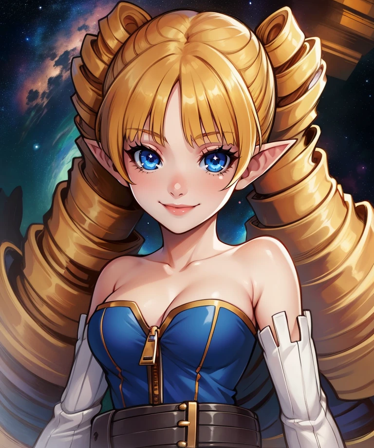 Archer,blond hair,drill hair,pointy ears,blue eyes,smiling,
standing,cleavage,
detached sleeves,bare shoulders,strapless dress,zipper,boots,belt,skirt,
space, stars,
(insanely detailed, beautiful detailed face, masterpiece, best quality),<lora:Archer:0.8>,