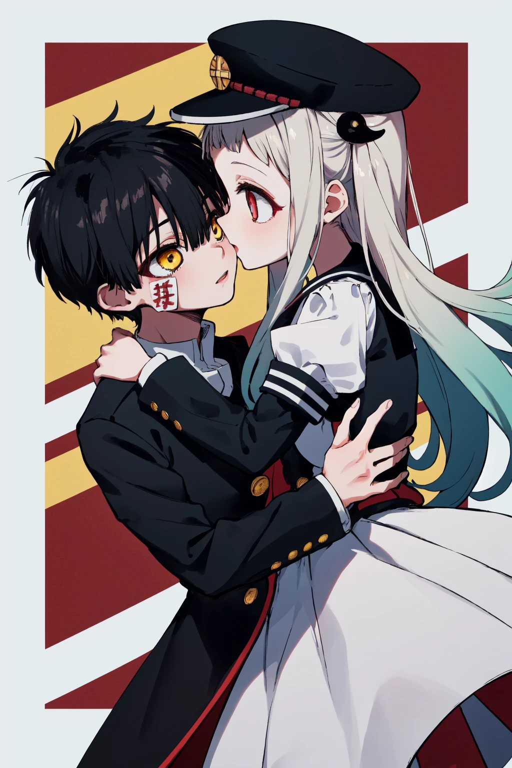 masterpiece, best quality, highres, 1boy hanako yellow eyes, black jacket gakuran hat, 1girl nene red eyes, white dress sailor collar puffy sleeves <lora:hanako_nene_1:1> [kiss::0.3]