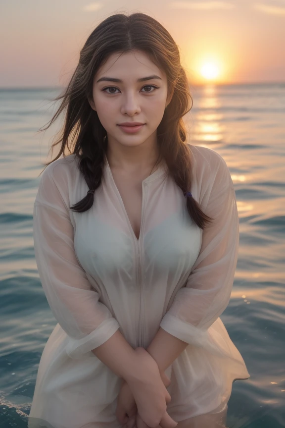 10. A female marine biologist (ethnicity: Black, age: mid-30s) on a research boat (setting: oceanic, sunrise). She's wearing practical, waterproof gear (fabric: weather-resistant) with binoculars slung around her neck. Her hair is in a practical braid, and her makeup is natural, with a focus on sun protection. She's observing marine life (species: dolphins), with a look of joy and fascination, surrounded by the vast ocean and the early morning sun casting a golden glow on the water. <lora:Instaface-10:1>