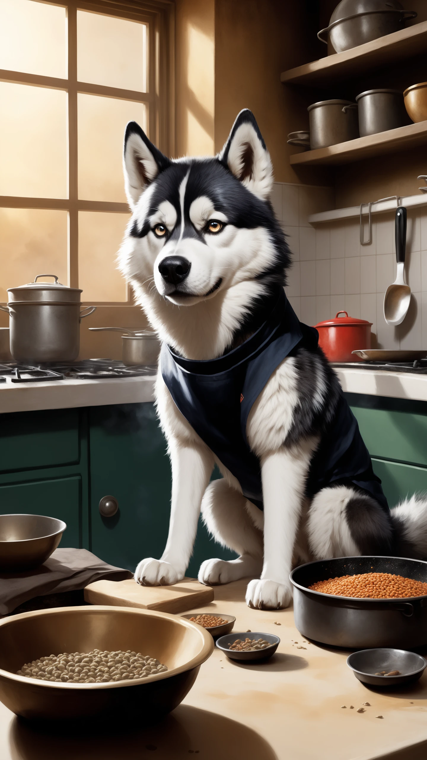 table, a rendition of a of a feral dirty husky wearing an apron and he has a confused expression in front of dirty dishes and cooking dog food with his clumsy paws while the, (food is charred and smoking:1.2), charred fur, detailed, high resolution, concept art, oil panting, digital art, cinematic, dramatic light, low saturation, lowkey, Low Contrast, War Photography