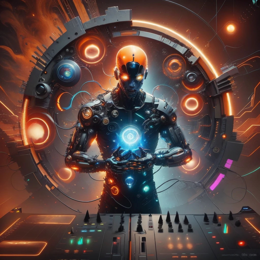 futuristic, cybernetic,1boy, metal body, dj, circuitry gleaming, glowing red-orange energy portal, techno patterns, blue orbs, modern font, symbolizing the techno-music fusion, ZteknoStyle01, <lora:ZteknoStyle01-10:0.7>