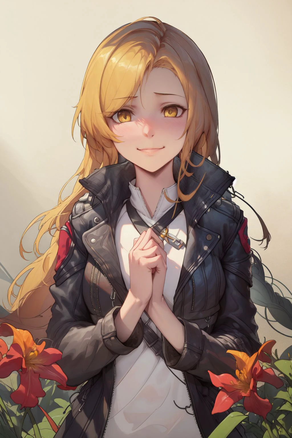 portrait,  solo, 1girl, sad smile, yellow hair, absurdly long hair, bronze eyes, bronze safari jacket, Gladiolus \(flower\), floral background <lora:Kuroduki_(pieat)_style_v01.10.10.01:1>