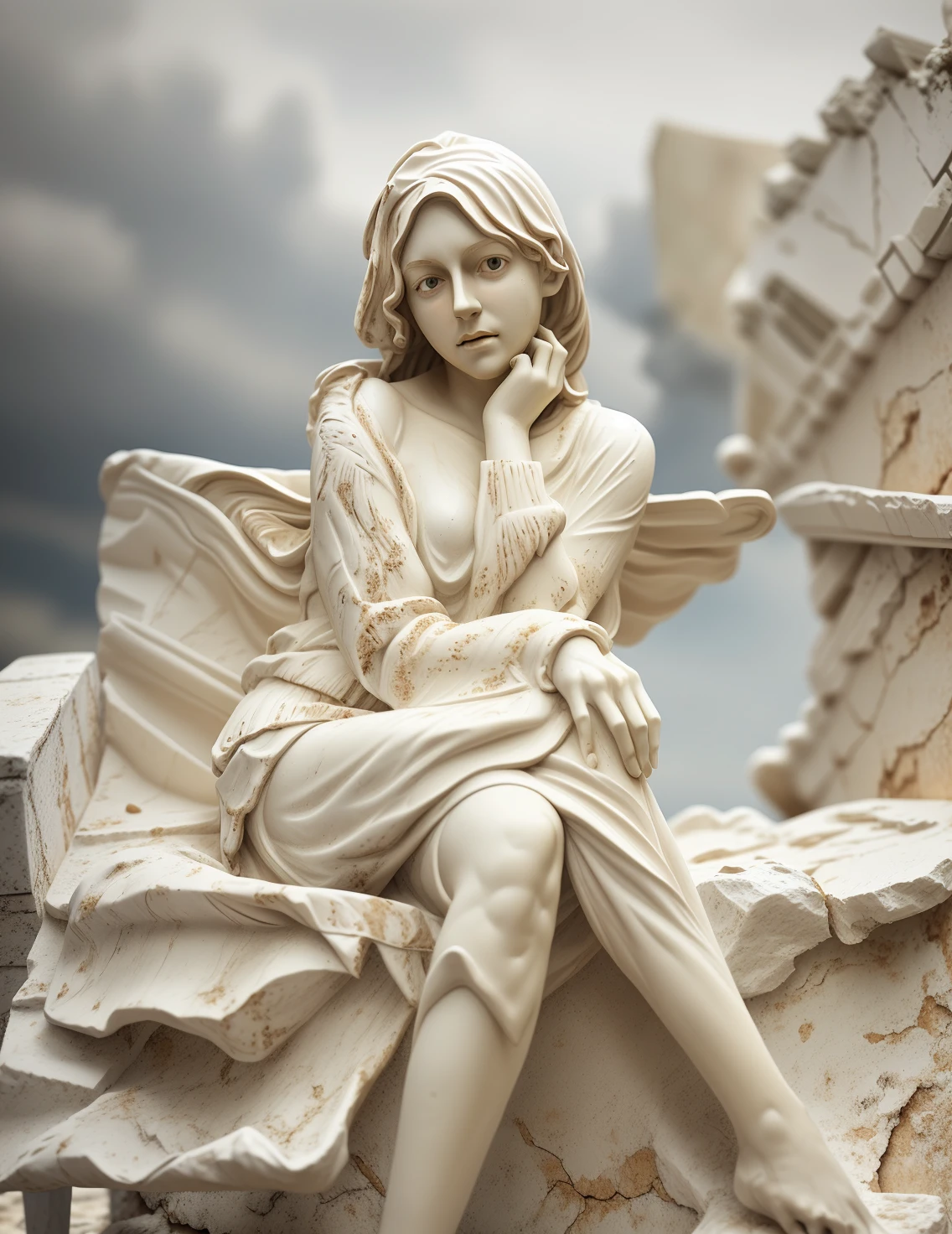 (statue),1girl,cape,(white plaster texture),grey background,realistic,solo,<lora:shigao:0.4>,masterpiece,extreme detail,HD,statue,sculpture,systemic,perspective shot,