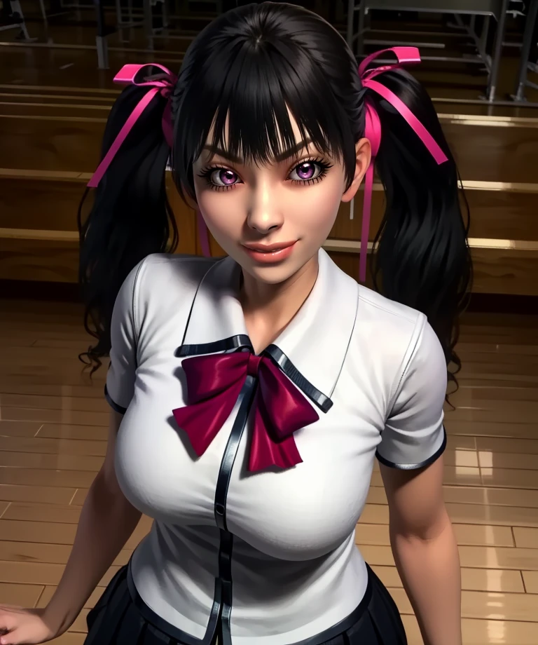 Aya,pink eyes,black hair,twintails,hair ribbon,bangs,
school uniform,red ribbon,white shirt,skirt,
standing,upper body,smile,
empty gym,evil smile,
(insanely detailed, beautiful detailed face, masterpiece, best quality),solo,<lora:AyaYamane:0.8>,