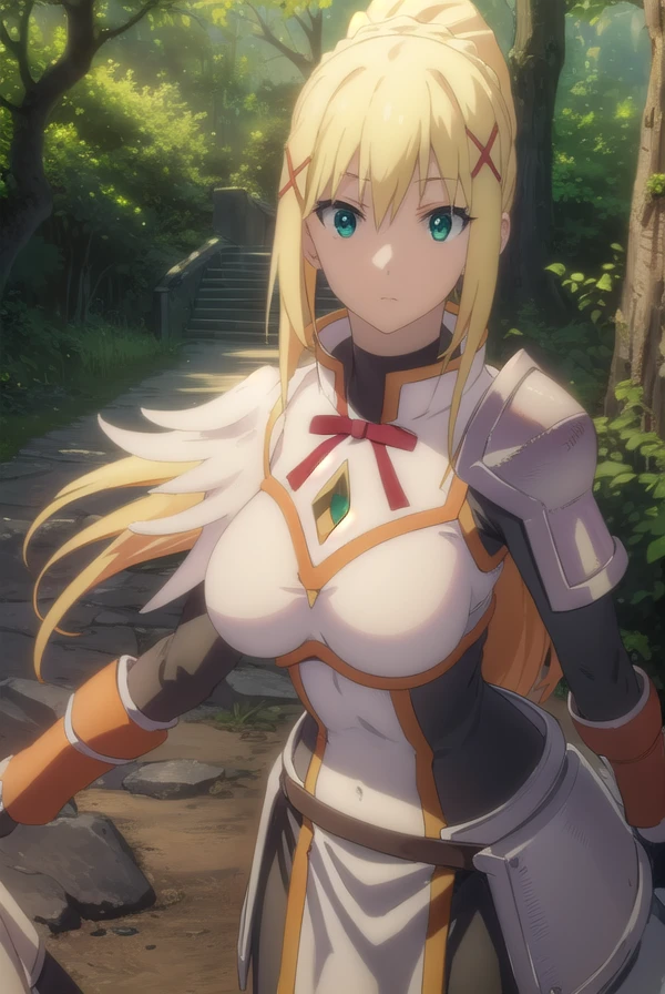 lalatinadustinessford, <lora:lalatina dustiness ford movie-lora-nochekaiser:1>, 
lalatina dustiness ford, darkness \(konosuba\), long hair, (green eyes:1.3), blonde hair, hair ornament, ponytail, braid, x hair ornament,
BREAK gloves, armor, bodysuit, shoulder armor, armored dress,
BREAK outdoor, forest, nature, trees, village, sky, sun, clouds,
BREAK looking at viewer, (cowboy shot:1.5),
BREAK <lyco:GoodHands-beta2:1>, (masterpiece:1.2), best quality, high resolution, unity 8k wallpaper, (illustration:0.8), (beautiful detailed eyes:1.6), extremely detailed face, perfect lighting, extremely detailed CG, (perfect hands, perfect anatomy),