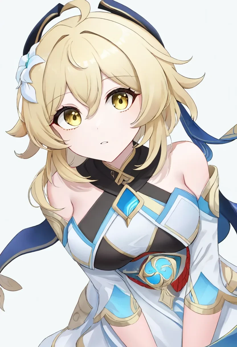 1girl, lumine \(genshin impact\), yellow eyes, blonde hair, simple white background,