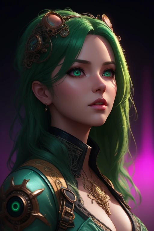 colorful, neon, beautiful cute girl, lush long fluffy green hair, beautiful detailed face, best quality, extremely detailed, colorful, neon, sci-fi, steampunk, cinematic, colorful background, concept art, dramatic lighting, high detail, highly detailed, hyper realistic, intricate, intricate sharp details, octane render, smooth, natural lighting, trending on artstation