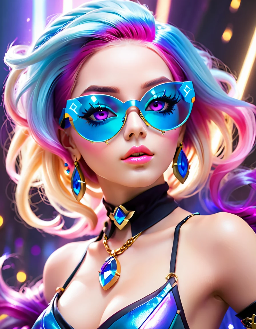 ethereal fantasy concept art of 1girl, jewelry, makeup, long hair, blonde hair, sunglasses, pink hair, lipstick, digital media \(artwork\), earrings, portrait, multicolored hair, looking at viewer, blue hair, forehead, eyeshadow, futuristic glasses, purple lips, gradient hair, k/da \(league of legends\), piercing, mascara, choker, two-tone hair, beautiful aesthetic, glowing background, highly detailed, dramatic light, sharp focus, illuminated, cinematic, extremely attractive, glorious, depicted, deep silent colors, artistic, very inspirational, fine detail, full color, intricate, elegant, luxurious, elite, cute, enhanced, famous, perfect, best, romantic, pure, excellent, awesome, gorgeous, bright
<lora:FuturisticGlassesXL:.6>, , <lora:FILM_PHOTOGRAPHY_STYLE:0.25> . magnificent, celestial, ethereal, painterly, epic, majestic, magical, fantasy art, cover art, dreamy