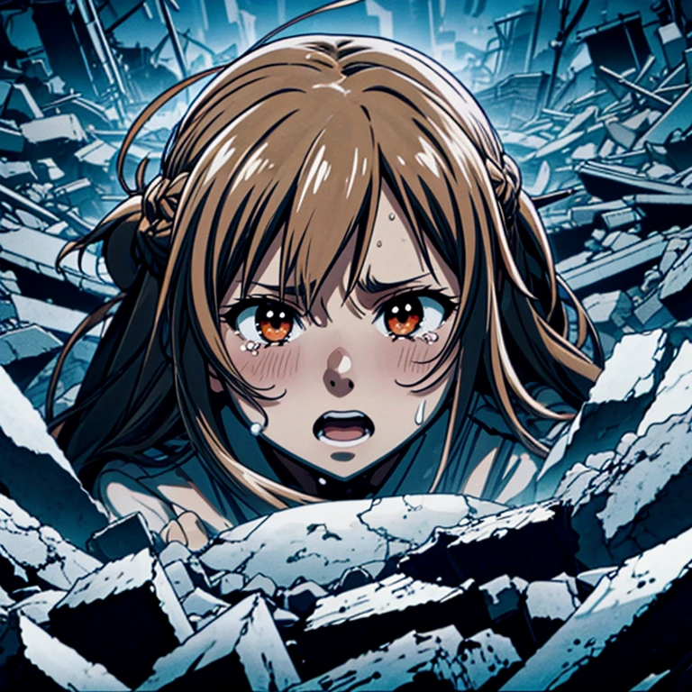 ((top quality, 8k wallpaper)),(masterpiece, best quality),extremely detailed,high definition,(official art:1.3),(((anime screencap,black outline))),<lora:more_details:0.3>,<lora:LCM_LoRA_Weights_SD15:1>,1girl,solo,blush,half-closed eyes,heavy breathing,sick,sweat,sweatdrop,exhausted,tears,tearing up,streaming tears,(open mouth, screaming),empty eyes,expressionless,
BREAK
<lora:asuna_(sao)_v1:0.75>,aaasuna,long hair,brown hair,braid,brown eyes,
BREAK
<lora:underDebris:0.4>,rubble,(in debris),damaged,dirty,broken,destruction,dust,crack,ruins,injury,(close-up, portrait),clenched hands,indoors,