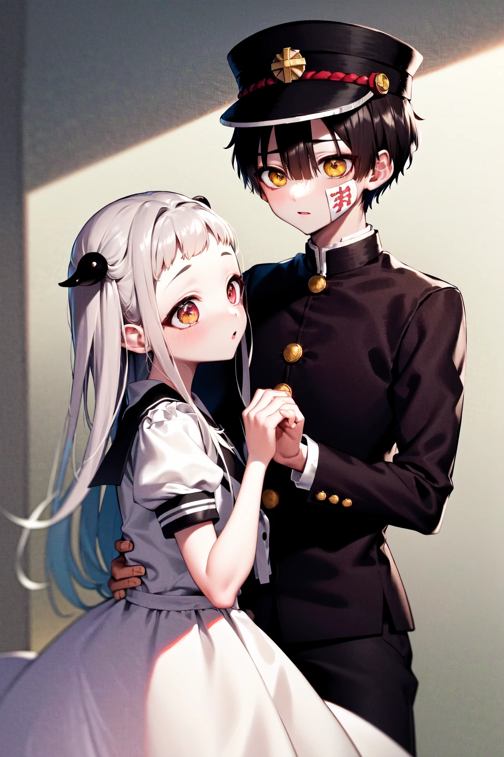 masterpiece, best quality, highres, 1boy hanako yellow eyes, black jacket gakuran hat, 1girl nene red eyes, white dress sailor collar puffy sleeves <lora:hanako_nene_1:1>