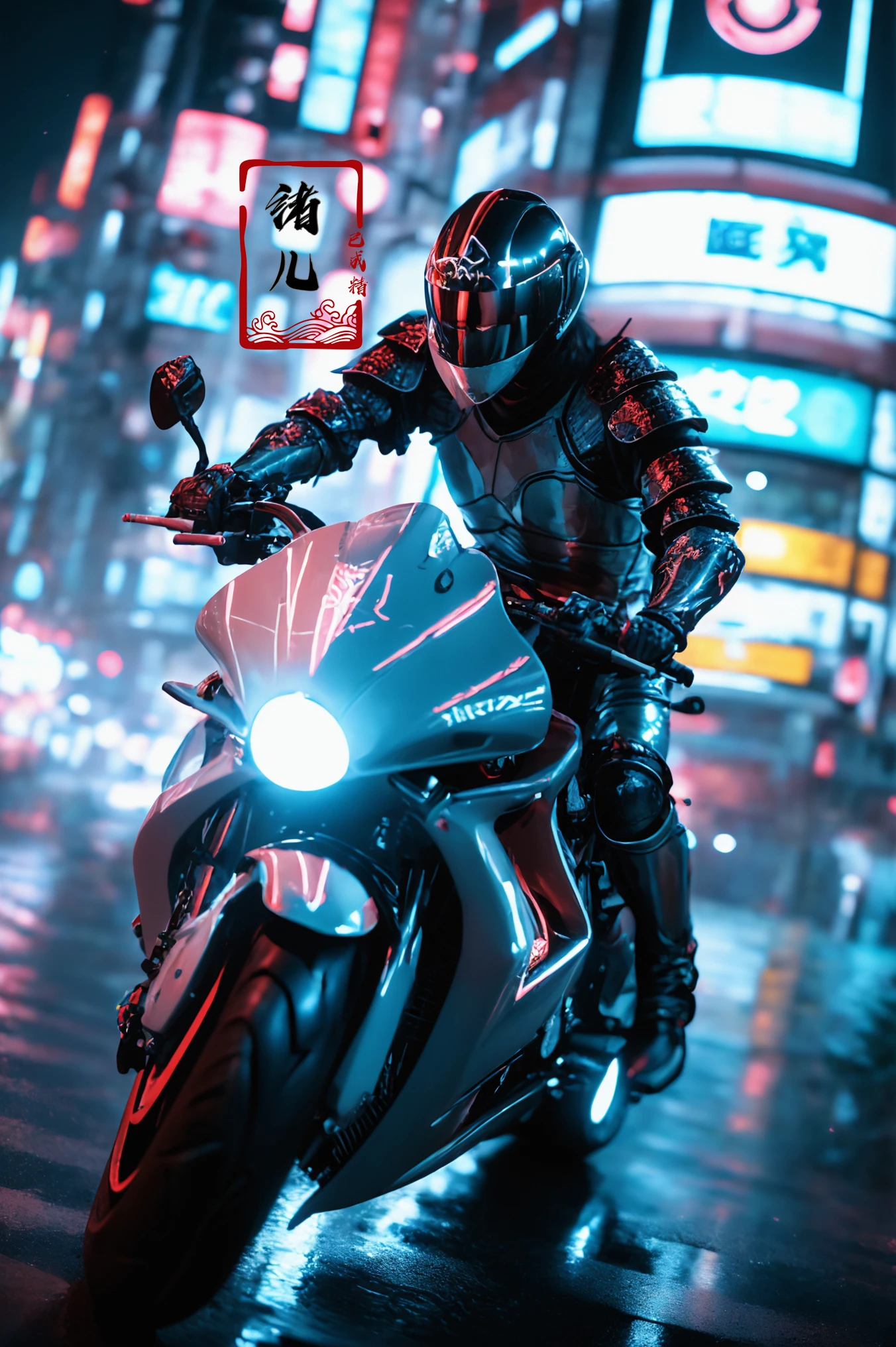 ((masterpiece)),(highres), original, (extremely detailed 8K wallpaper), (beautiful and clear background:1.4), (depth of field:0.5),award winning,(Surrealism:1.5), lens flare,shade, backlighting, depth of field, natural lighting, hard focus, film grain, photographed with a Sony a9 II Mirrorless Camera, by Laurence Demais, blurry background,
on motorcycle,xuer future motorcycle,
(glowing, neon lights:1.1),
<lora:~Q?-dibXf xuer future motorcycle:0.8> (japanese_armor:1.4),