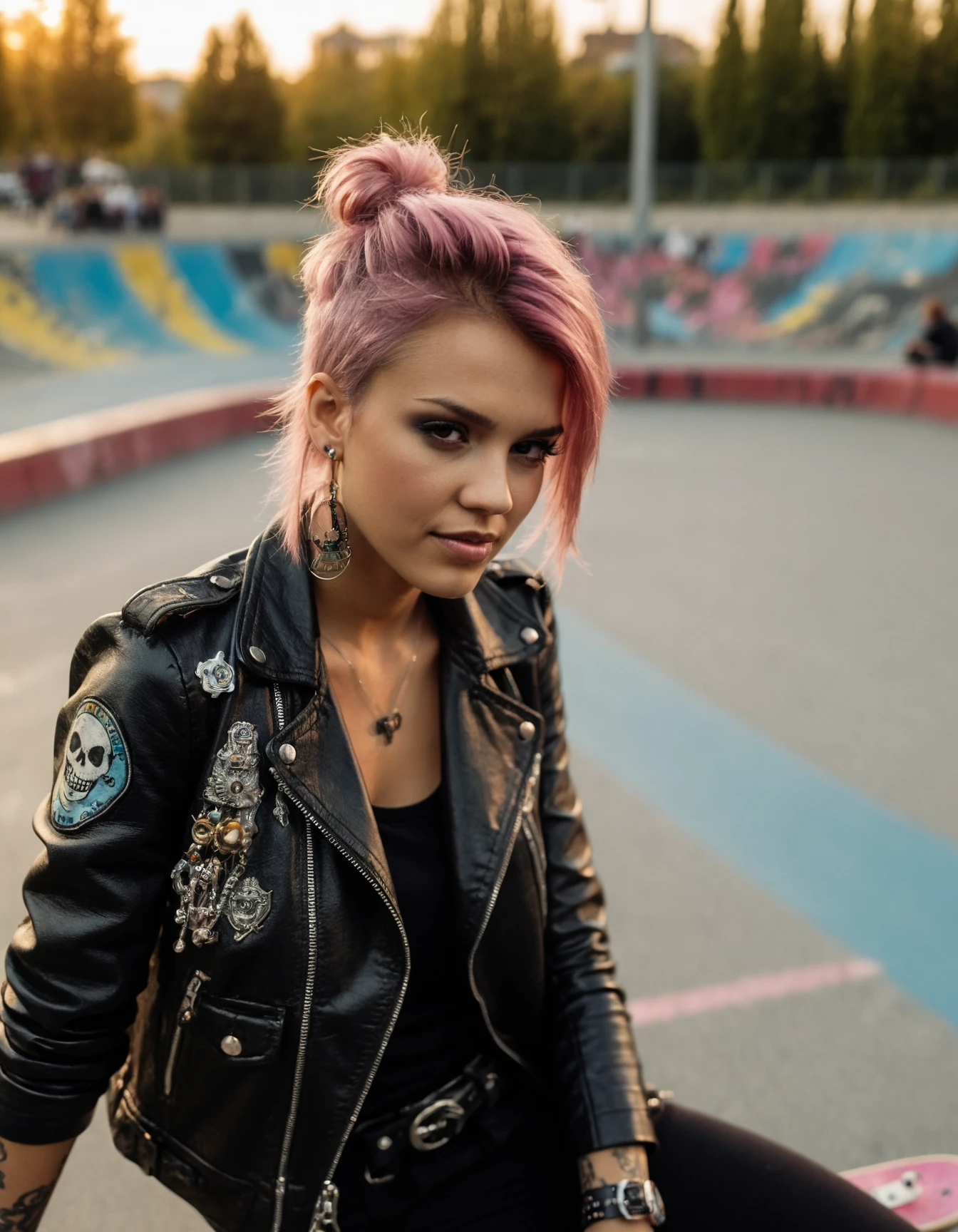cinematic photo beautiful portrait of (((ohwx woman))) in a punk black leather jacket with studs, ((((skate park in the background)))), multiple ear piercings, multiple lips piercings, multiple eyebrow piercings, colored hair, skull necklace, kids on skateboard in the background <lora:jessica_alba_sdxl_dh128_v1:1.05> . 35mm photograph, film, bokeh, professional, 4k, highly detailed