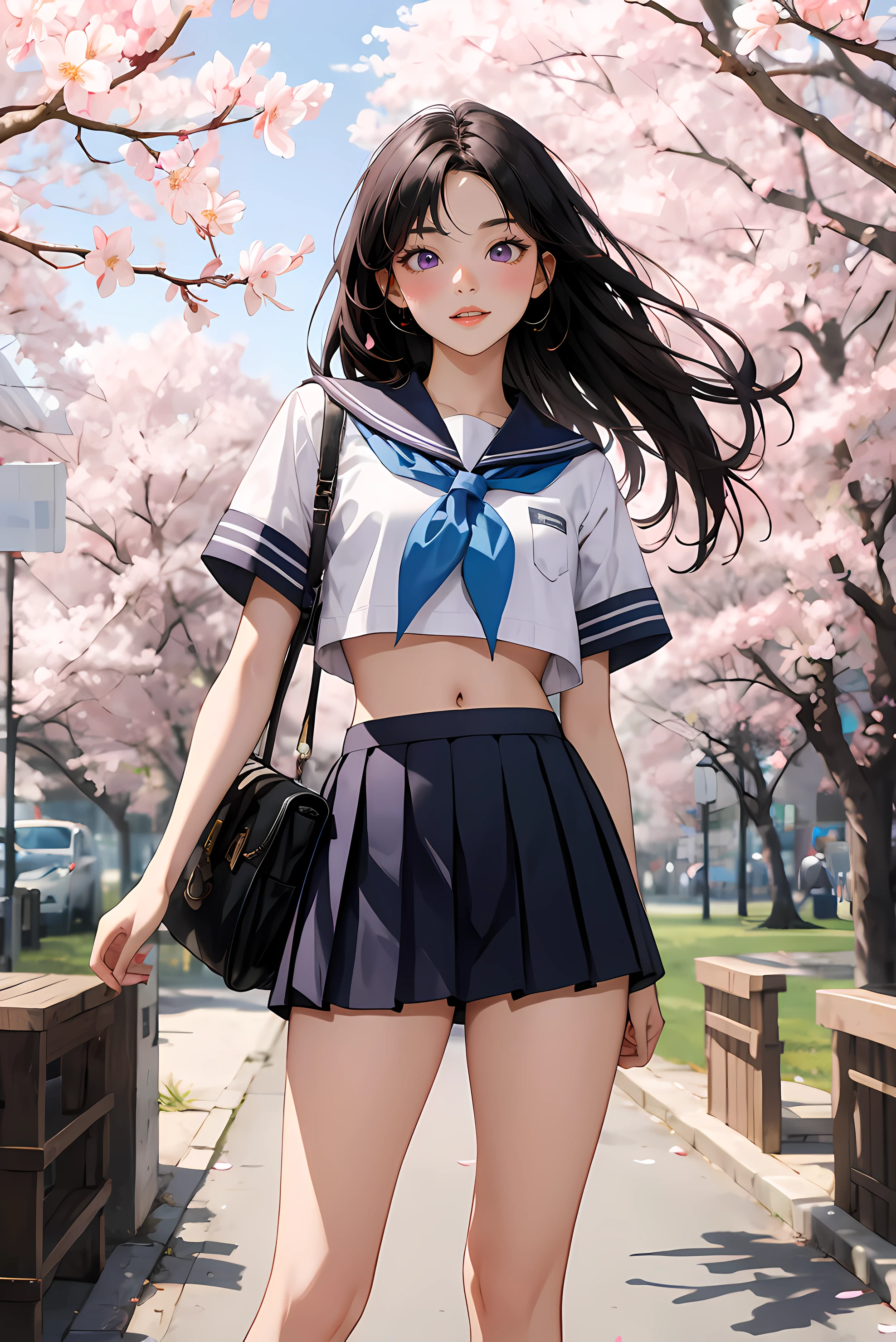 1girl,skirt,long hair,looking at viewer,pleated skirt,mela (rbw1s),1girl,black skirt,crop top,navel,blue neckerchief,blush,neckerchief,straight hair,school uniform,black hair,absurdres,ribbon,purple eyes, o,original,cherry blossoms,serafuku,highres,blue ribbon,