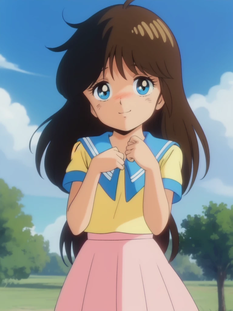 <lora:NonomuraAmi_BeMybaby_Ver2:0.8> NonomuraAmi, brown_hair, blue_eyes, bangs, brown_black_hair, long hair, cowboy Shot, smile, blush,
1girl, solo, short sleeve, skirt, blue sky,
1980s \(style\), anime, anime_screencap, animated gif, mp4 ,video, animated,
retro artstyle,