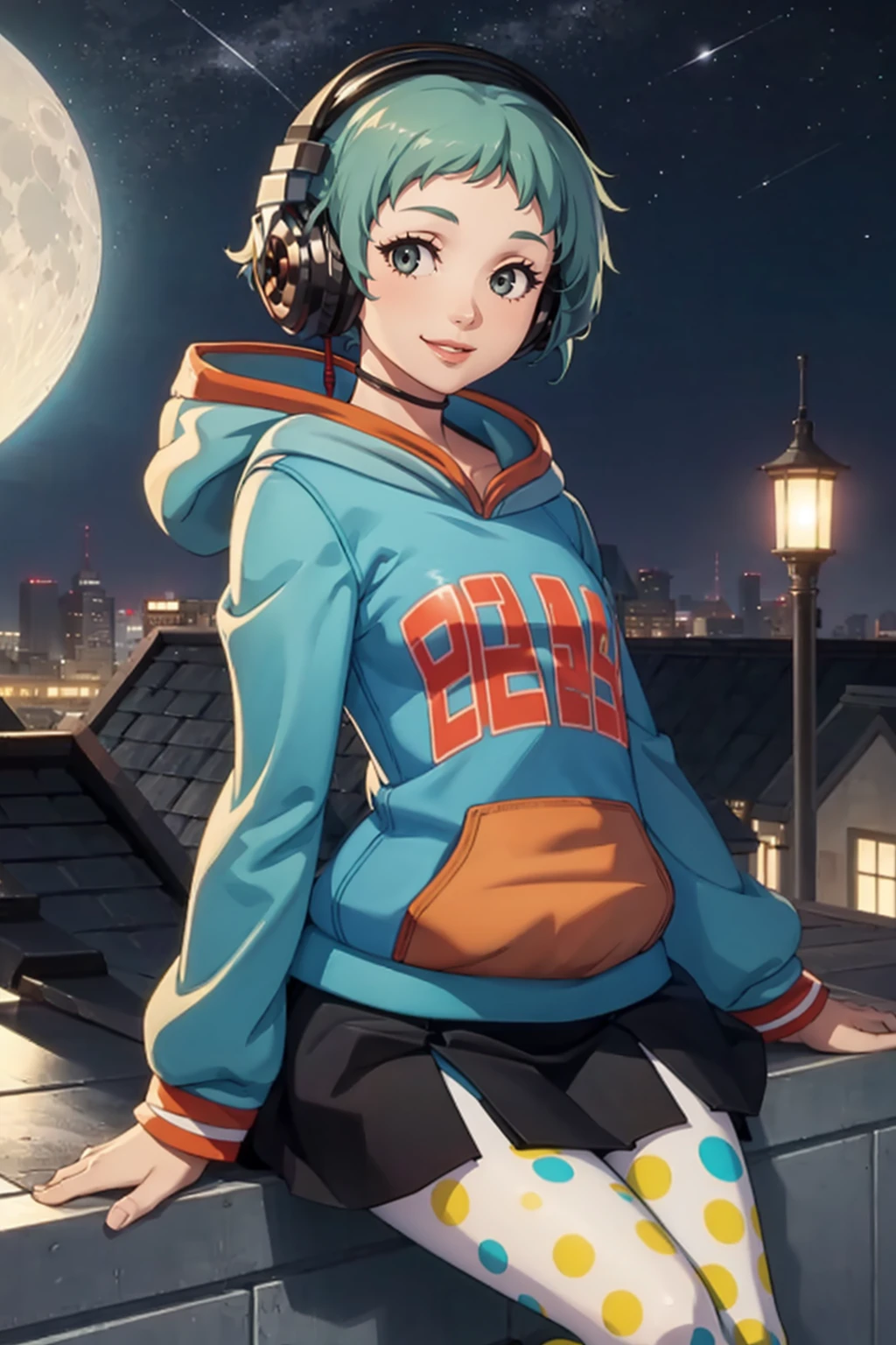 masterpiece, best quality, solo, 1girl, looking at viewer, smile, <lora:Fuuka_Fp:1>, fuukap3d, hoodie, polka dot legwear, skirt, headphones, moon, night, rooftop, star \(sky\),