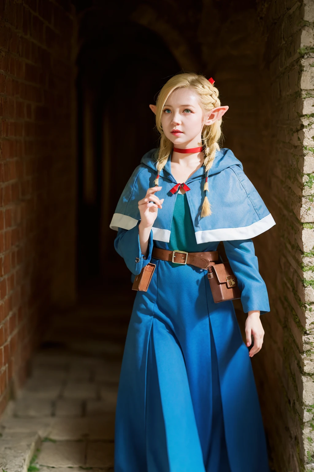 masterpiece, best quality, <lora:marcille:1>,(photoshop \(medium\):1.4),
1girl,elf,blonde hair,long hair,braid,twin braids, pointy ears, green eyes, choker,capelet, dress,belt,pouch,